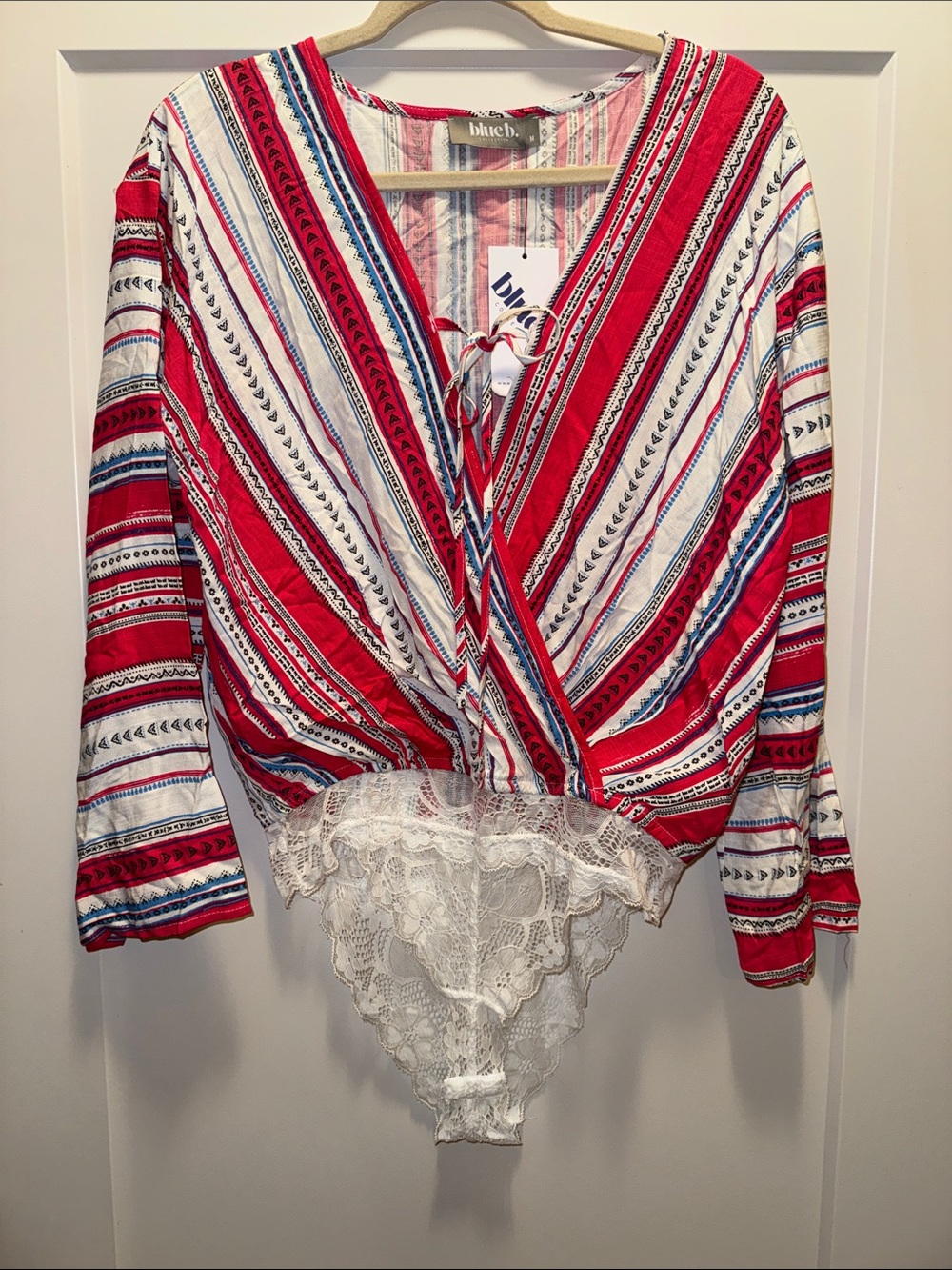 🆕 Blue B Hot Pink, Blue & White Striped Wrap Bodysuit w Lace Snap Bottom M NWT🔥🔥